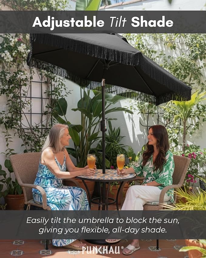 6 Ft Fringe Patio Umbrella - Outdoor Umbrella for Patio, Pool, Table, Garden, & Deck, Push Button Tilt Pole - Fashionable Vintage Tassels - White