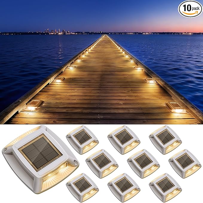 Solar Driveway Lights 10 Pack, Solar Powered IP68 Waterproof Dock Lights, 4 LED Driveway Markers Deck Light for Dock, Pathway, Walkway, Sidewalk, Garden, Yard, Stair, Marine Use (Warm)