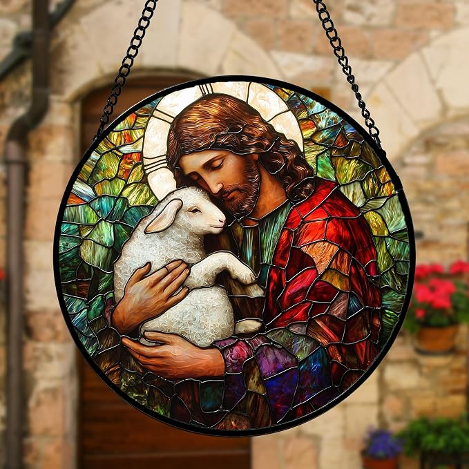 DASTOLL Stained Glass Window Hanging, Jesus Little Lamb Sun Catchers Colorful Glass Panel Christianity Suncatcher Decor for Birthday for Women, Men, Wife, Aunt, and Mom 11.8x11.8 in