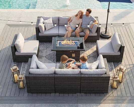 BULEXYARD 9 Piece High Back Outdoor Sectional Seating with Fire Pit Table, Heavy Duty Sturdy Wicker Patio Set Conversation Couch Sofa, Extra Wide Deep Large 8-Person Deck Furniture Set, Light Grey