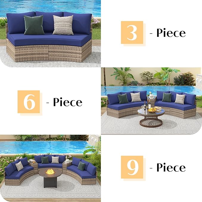 PaPaJet Patio Conversation Set, 3 Piece Half-Moon Sectional Round Patio Furniture Set, Wicker Sofa Set, for Backyard Patio Garden, Blue