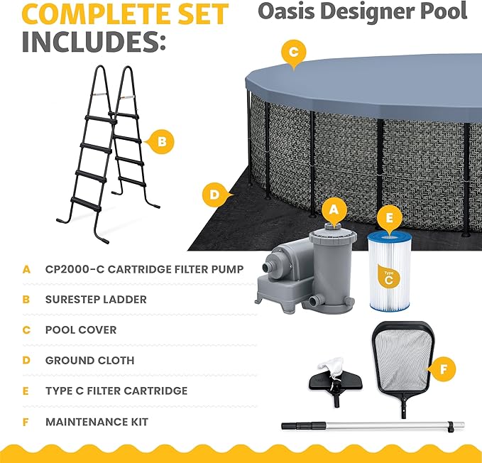 Funsicle Oasis Designer 22' x 52" Round Above Ground Swimming Pool, with CP2000-C Filter Pump, Ladder, Maintenance Kit, Cover, Ground Cloth & Repair Patch, Dark Herringbone