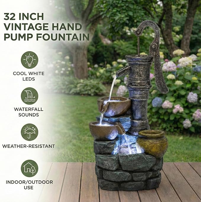 32" H Large Outdoor Fountains with Vintage Pump Ideal for Patio Yards Outdoor Gardens and Home Art Decor Crafted from Weather-Resistant Materials for Year-Round Use