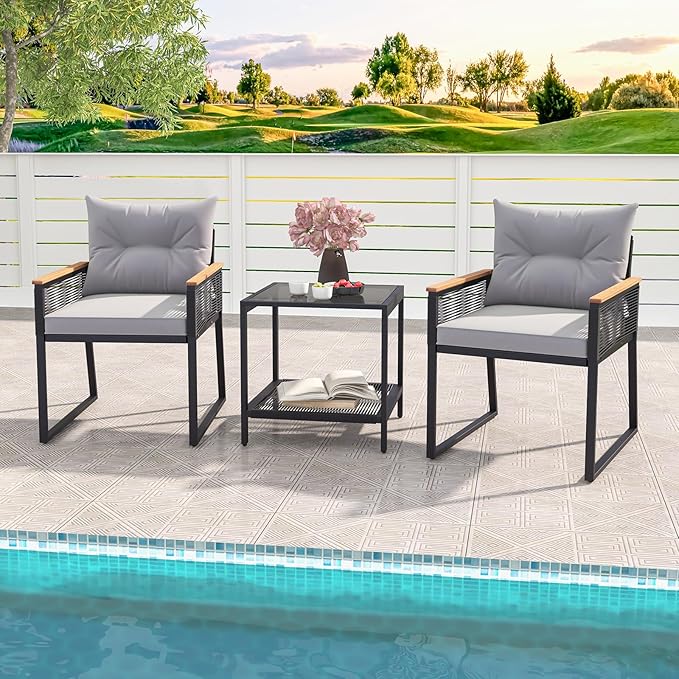 Tangkula 3 Piece Outdoor Conversation Set, Patio Rattan Cushioned Armchairs and Table, with Heavy Duty Metal Frame and Acacia Wood Armrests, for Front Porch, Poolside