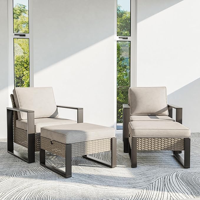 4 Piece Patio Furniture Set, Outdoor Wicker Chair and Ottoman, Metal Patio Furniture with Deep Seating, Thicken Cushions for Deck, Porch, Yard Use (Beige, 4 PCS/Chairs)