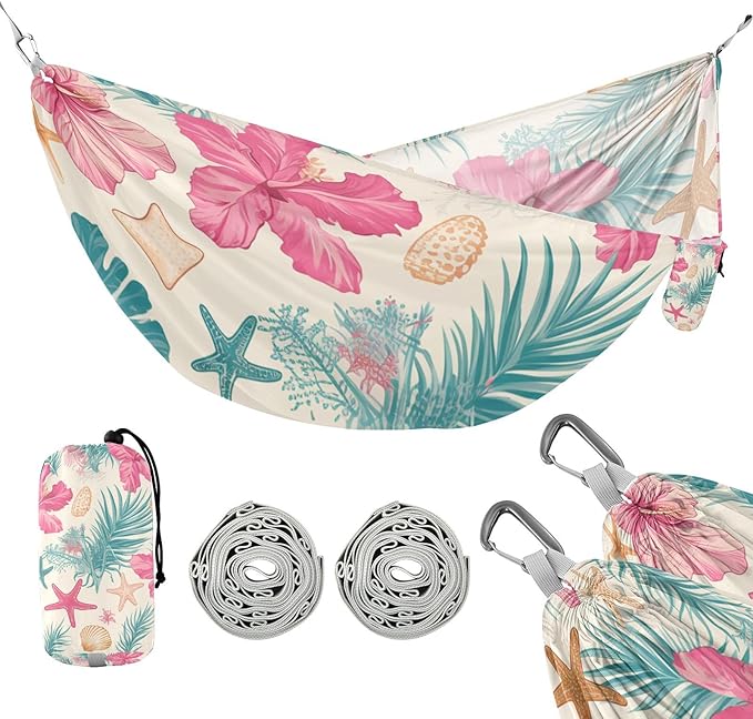 Tropical Leaves Pink Hibiscus Flowers Starfish Hawaiian Style 330lb Capacity Camping Hammocks Swing Hammock for Indoor Outdoor Patio Base para hamacas