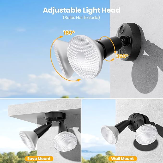 Onforu 2-Pack Adjustable Twin PAR Holder, Outdoor Flood Light Fixture Max 300W (Bulbs Not Included), Switch Controlled Security Lights, Exterior Flood Lighting for Garage, Driveway, Porch