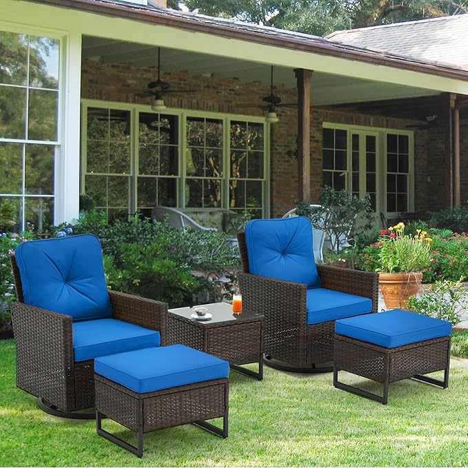AVAWING 5 Piece Patio Furniture Set, Patio Swivel Glider Chairs with Ottoman & Glass Side Table, Wicker Conversation Set for Backyard, Garden and Poolside(Navy Blue)