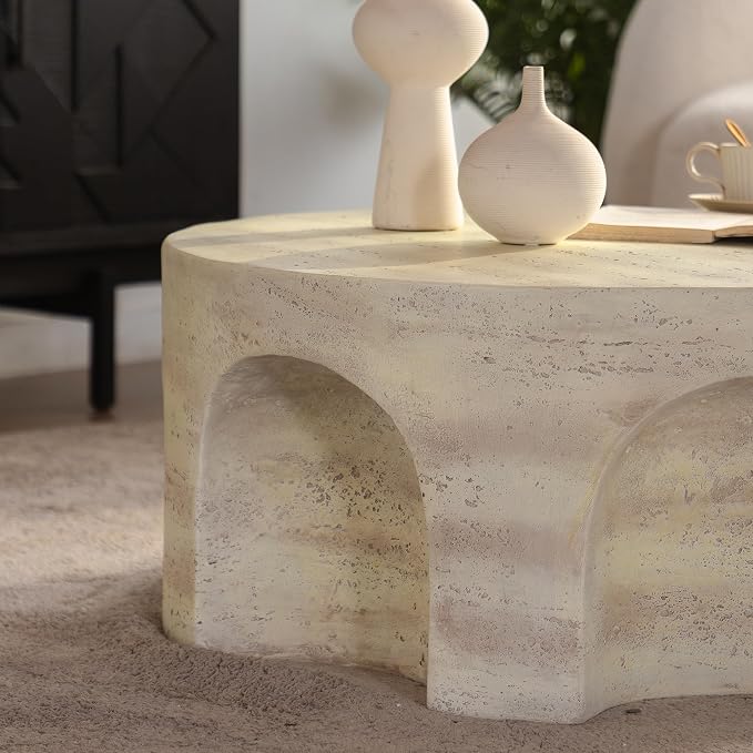 Round Marble Coffee Table 31.5" Faux Stone Coffee Table for Living Room, Modern Travertine Center Table, Magnesium Oxide, No Assembly, Beige