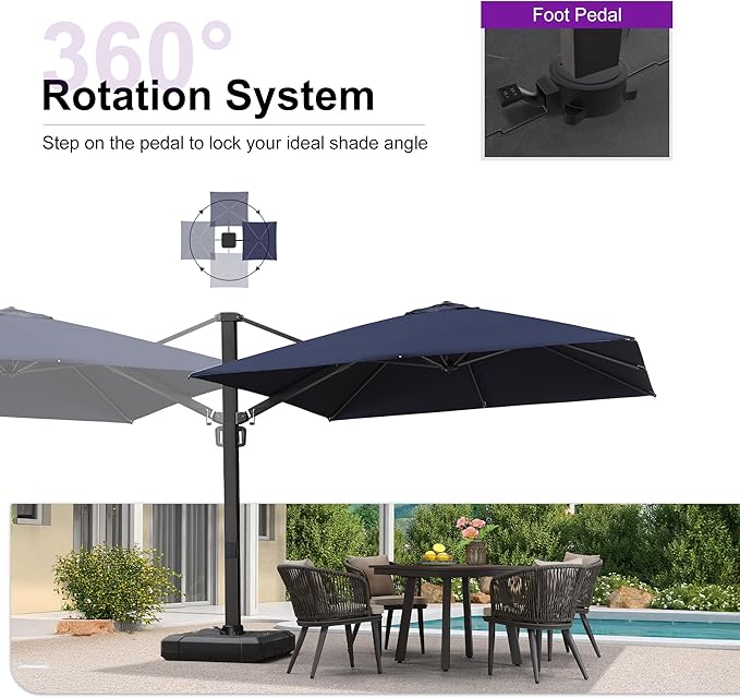 PURPLE LEAF 10 FT Square Patio Umbrella with Wheeled Base Large Outdoor Aluminum Offset Cantilever Umbrella with 360-degree Rotation for Garden Deck Backyard Pool Navy Blue