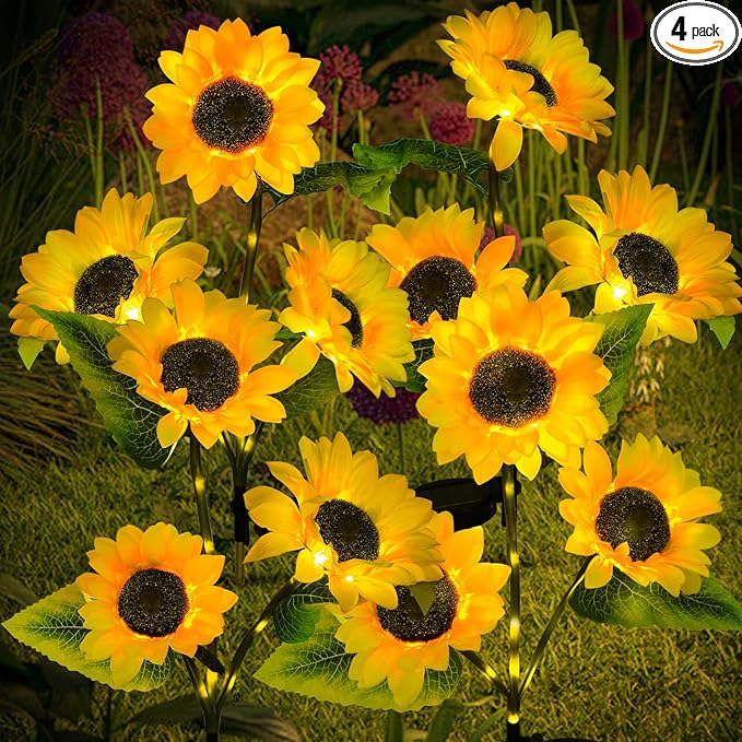 ILLUMINEW 4-Pack Solar Sunflower Garden Decor, 12 LED Flower Stake Lights - Waterproof Long-Lasting Outdoor Solar Patio Decor for Lawn, Yard & Pathway