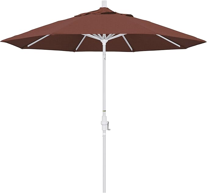 California Umbrella 9' Round Aluminum Market Umbrella, Crank Lift, Collar Tilt, White Pole, Terracotta Olefin
