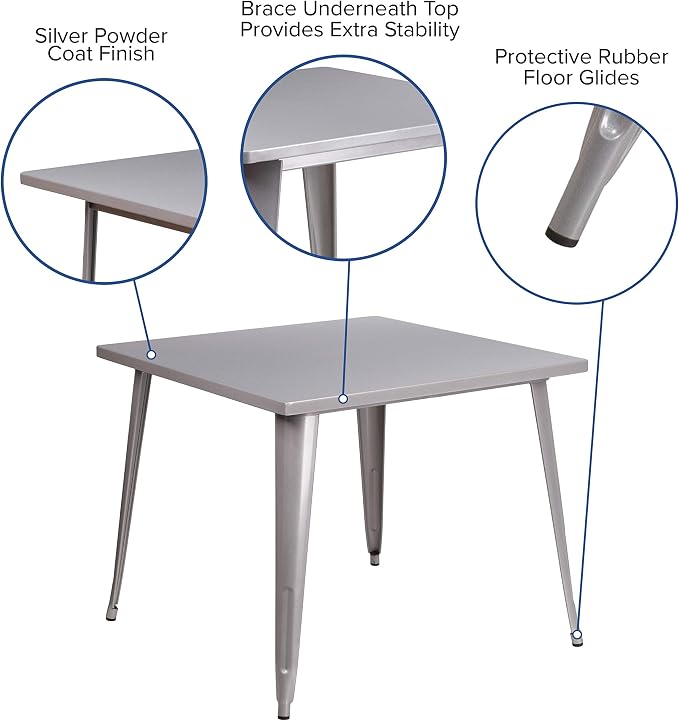 EMMA + OLIVER Commercial Grade 35.5" Square Silver Metal Indoor-Outdoor Table