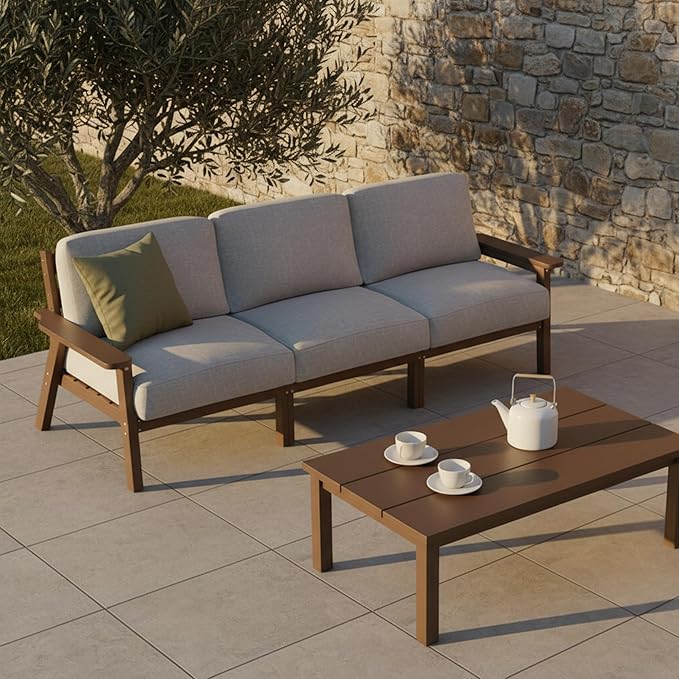 Patio Furniture Set 3 Seats, HDPE Outdoor Sectional with Washable Gray Thick Cushions, Coffee Table & Side Table, Patio Conversation Sets for Lawn, Garden, Porch, Balcony (Brown Frame)
