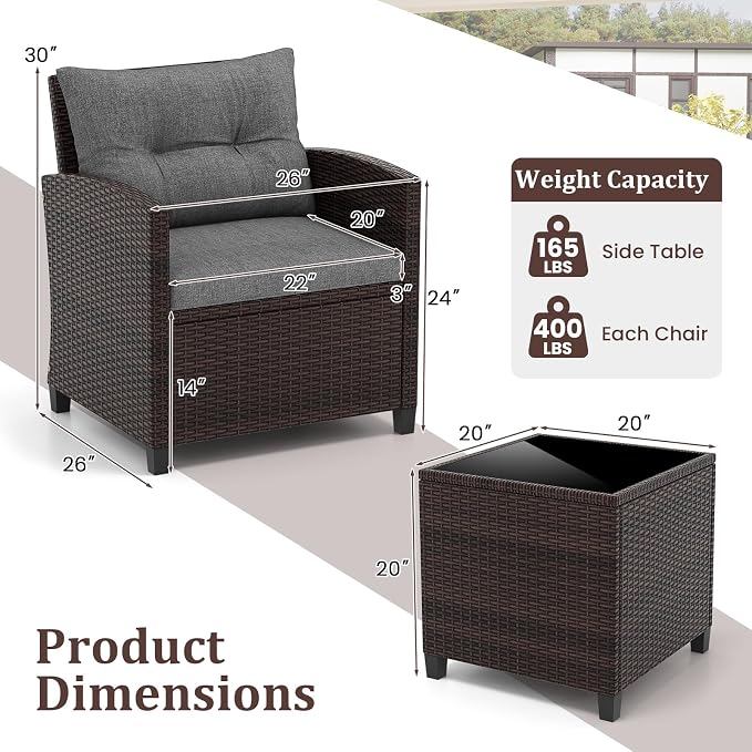 DORTALA Wicker Patio Furniture Set 3 Piece, Outdoor Table and Chairs with Tempered Glass Tabletop, Cushions, Small Rattan Conversation Sofa Set for Balcony, Porch, Backyard, Deck, Grey