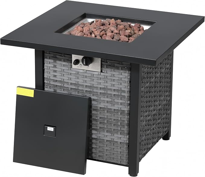 Square PE Rattan Propane Fire Pit Table, 30 Inch Outdoor Gas Firepit Table with Metal Tabletop & Lava Rocks, 50000 BTU Weather Resistant Patio Fire Pit for Backyard Garden Deck Porch