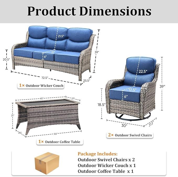 Luxury High Back Patio Furniture Set with 6-Inch Thick Cushions, 4-Pieces Outdoor Furniture with Swivel Chairs, Wicker Conversation Set for Porch, Balcony, Deck and Yard, Grey/Blue