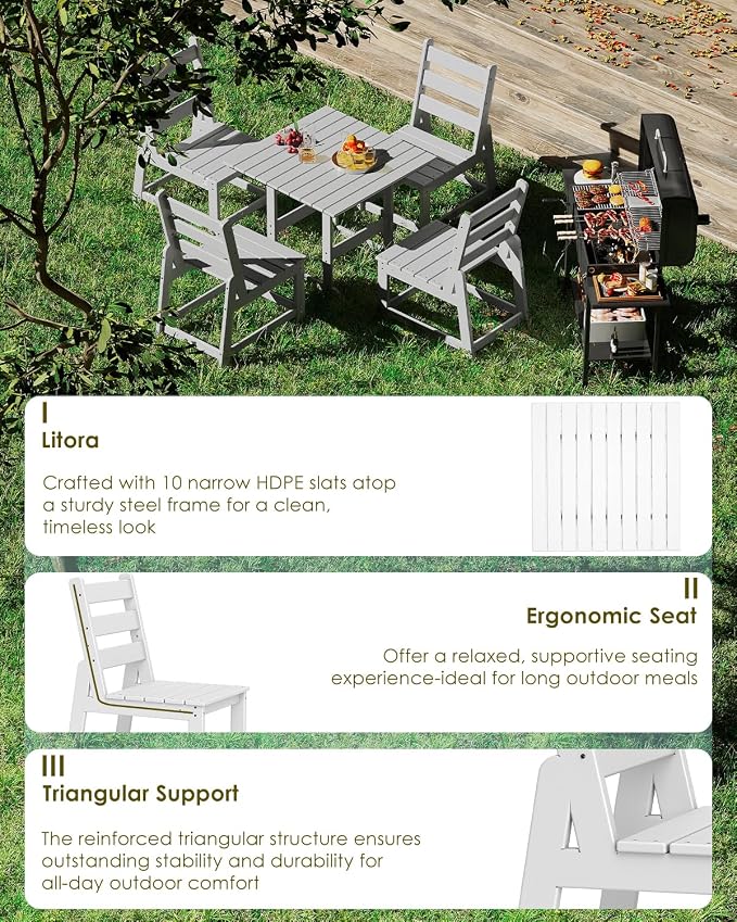 GREENVINES 5-Piece-Outdoor-Dining-Set | HDPE | Square | Patio Furniture | All Weather | Armless Chair | Slatted Table and Chairs Sets for 4 | for Backyard Poolside Garden | White