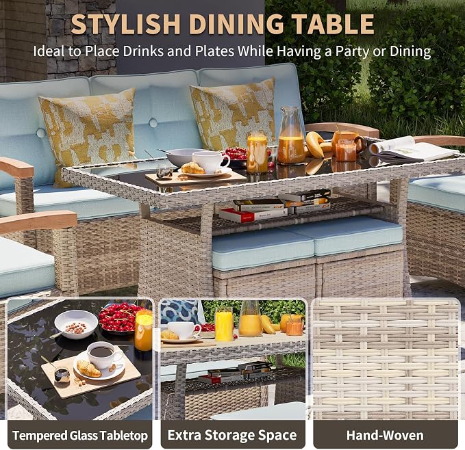 MEISSALIVVE 6 Pieces Patio Furniture Sets, PE Wicker Outdoor Conversation Sets with 2 Wood Armrests Single Chairs, 2 Ottomans and Dining Table (Blue)