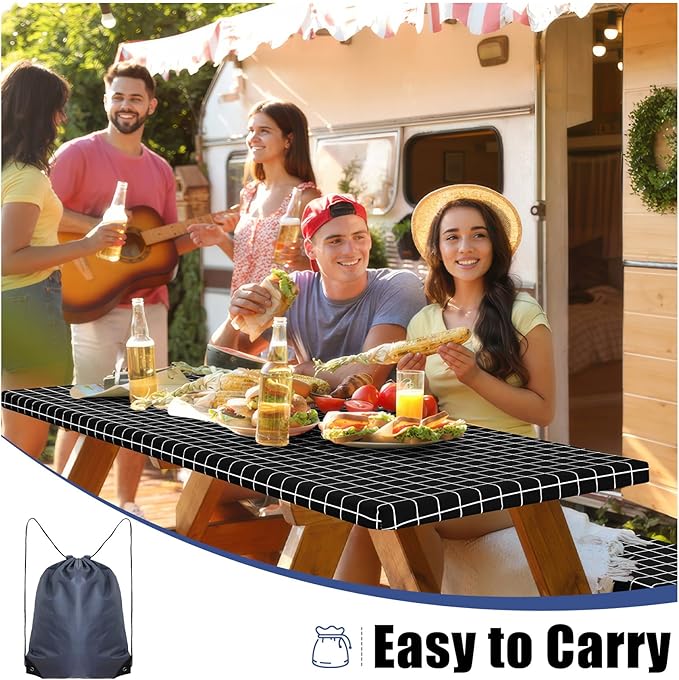 Smiry Picnic Table Cover with Bench Covers, Waterproof Elastic Fitted Tablecloth for 6 Foot Tables, Washable Polyester Tablecloths for Camping, Indoor & Outdoor (Black & White, 30x72 Inch 3-pc Set)