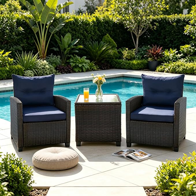SHGJ&SOFT 3 Pieces Patio Furniture Set, Outdoor Conversation Set with Cushions, PE Rattan Wicker Bistro Set and Tempered Glass Tabletop, Outdoor Rattan Sofa for Poolside,Porch,Balcony (Navy Blue)