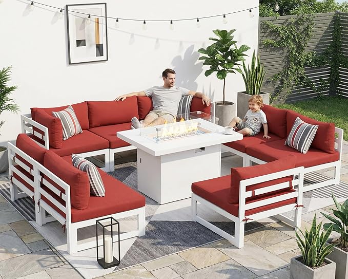NICESOUL 9 Piece Oversized Modular Aluminum Outdoor Furniture Set with Fire Pit Table, 29" Deep Wide Sectional Seating, 500 lbs High Weight Capacity Patio Conversation Set for Garden Deck, Burgundy