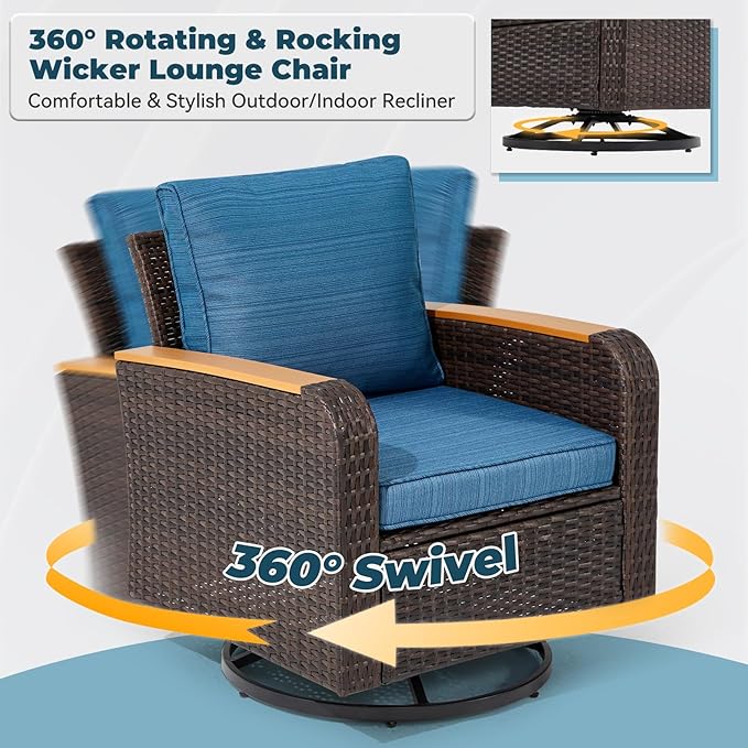 5 Piece Outdoor Patio Furniture Set, Wicker Swivel Rocking Chairs with Ottoman for Garden, Porch, Backyard