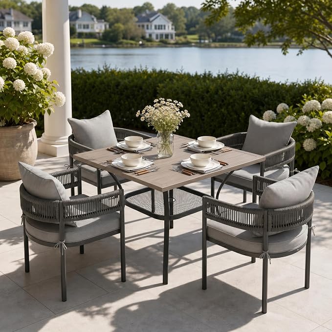 VICLLAX Patio Dining Set, 37.8" Grey Table & 4 Chairs with Grey Cushion | Outdoor Table and Chairs Set of Square Metal Patio Table, Outdoor Dining Chairs with Metal Frame, Garden Deck Porch