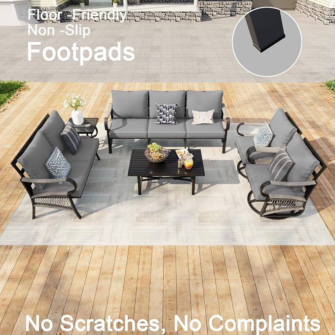 6 Pieces Patio Furniture Set, Metal Outdoor Conversation Sets with Swivel Chairs, Modern Couch Sofa Seating Group with Coffee Table and Side Table (Thick Gray Cushions)