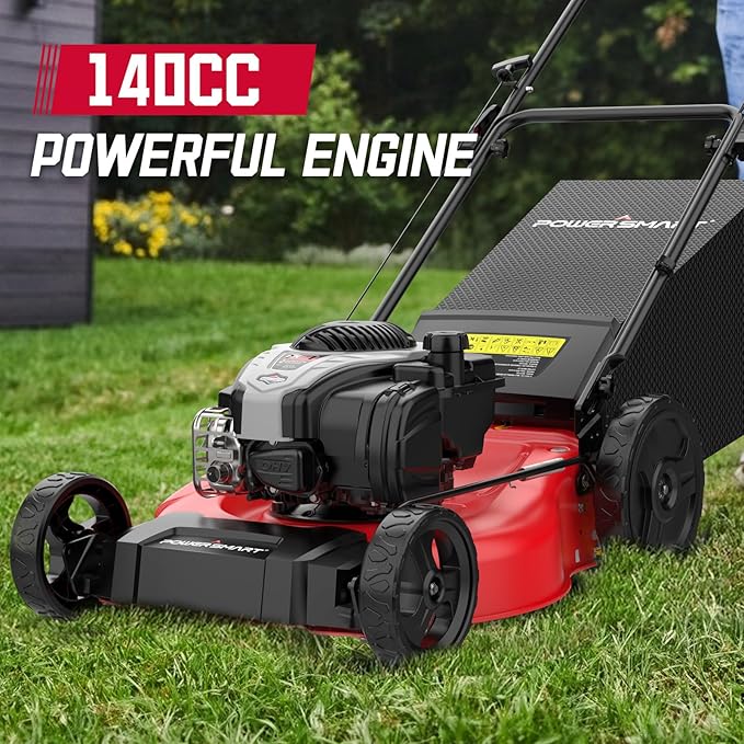 PowerSmart Gas Lawn Mower 21-Inch with 140cc Briggs&Stratton E550 Engine, 3-in-1 with Bagging, High Wheels, Lightweight, Easy Assembly, Cordless Push Lawn Mowers for Garden Yard