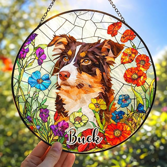 Personalized Stained Glass Pet Photo Suncatcher – Custom Pet Portrait Memorial Window Hanging with Flowers, Keepsake Valentines Gift for Dog Lovers, Cat Lovers, Family Home Decor