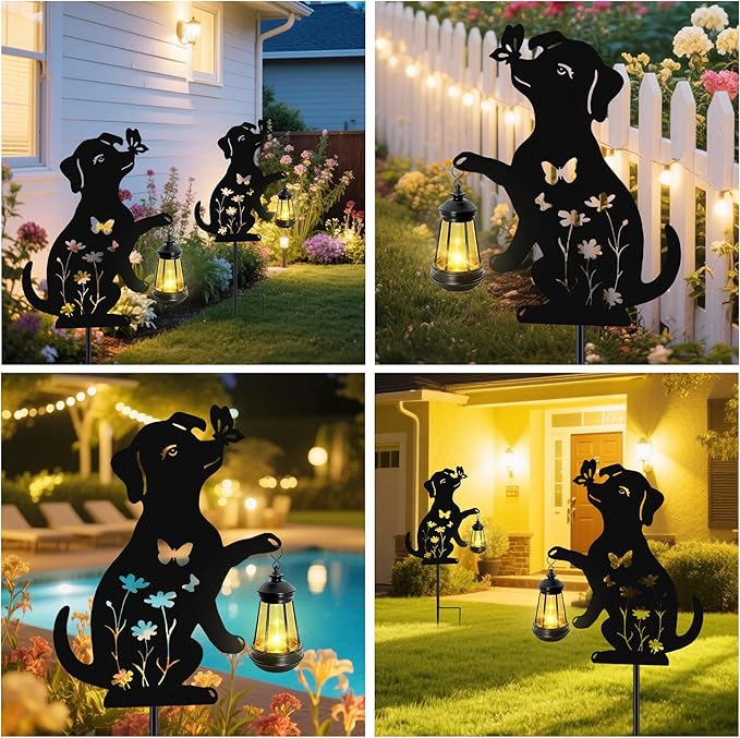 Solar Lights Outdoor Stakes, Metal Dog Solar Lights,Birthday Gifts for Women Mom Grandma, Waterproof Hanging Lantern Garden Ornaments Decor Outside Backyard, Yard Art, Patio, Pathway
