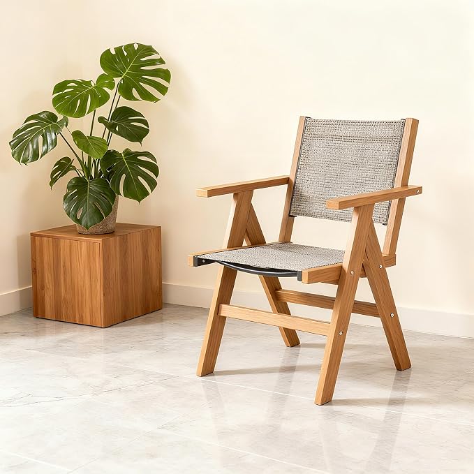 Patio Outdoor Chair, Dining Chair, Durable HIPS Material, Ergonomic Design, Mesh Chair for Patio, Gardens, Pool, Camping ect.（Teak Color）