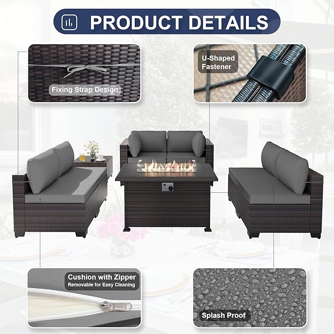 Patio Furniture Sectional Sofa Set 11PCS PE Rattan Swivel Rocking Chairs Patio Sofa Set, Outdoor Furniture Patio Conversation Set with 43in Propane Fire Pit and Coffee Table, Grey