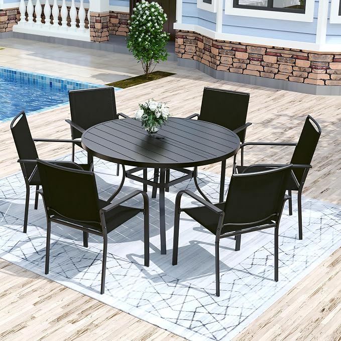 Anmutig 7 Piece Patio Dining Set 48 Inch Round Table Stackable Chairs Black | Powder-Coated Steel Frame, Quick-Dry Textilene Mesh, Dual-Size Umbrella Hole, Weather Resistant, Patio, Garden, Backyard