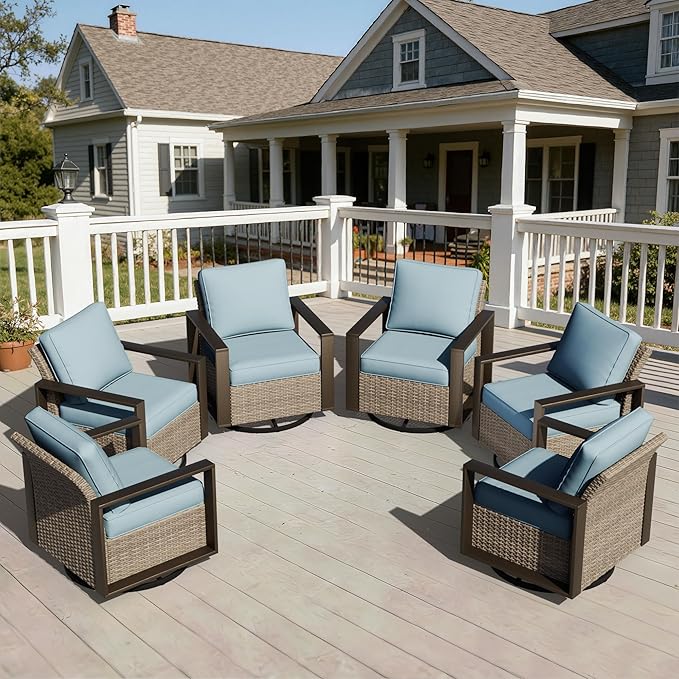 Joyside Outdoor Patio Swivel Rocker Chairs Set, 6 Pieces Wicker Rattan Chairs with Metal Wide Armrest, Thick Cushions and Deep Seating for Garden, Backyard, Porch, Deck