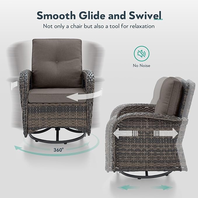 7 Piece Patio Furniture Set with Fire Pit Table - Wicker Patio Conversation Set with Swivel Glider, Glider Loveseat, Side Table and 2 Ottomans for Deck Backyard - Brown Wicker Grey Cushion