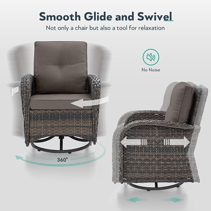 7 Piece Patio Furniture Set - Wicker Patio Conversation Set with Swivel Glider, Glider Loveseat, Tempered Glass Side Table and 2 Ottomans for Deck Backyard - Brown Wicker Grey Cushion