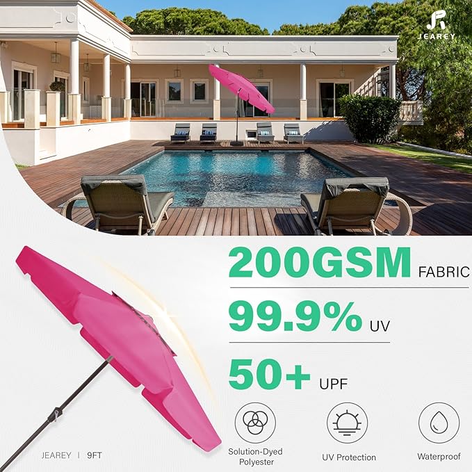 JEAREY 9' 2-Tiers Patio Umbrellas Outdoor Market Table Umbrella w/Push Button Tilt/Crank, 8 Sturdy Ribs, UV Protection Waterproof Sunproof(Rose Pink)