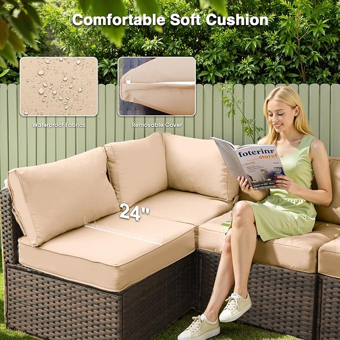 Patio Furniture Set with Fire Pit Table 5 Piece All Weather PE Rattan Outdoor Sectional Sofa Couch with 4 x arm Sofa, No-Slip Cushions for Garden, Poolside, Backyard (Beige)