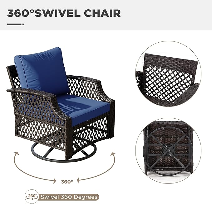 HOMREST 3 Piece Outdoor Swivel Chair Set, Wicker Patio Bistro Set with Thickened 25D Cushions and Glass Coffee Table, Patio Furniture Conversation Set for Deck, Yard, Garden, Poolside(Navy Blue)