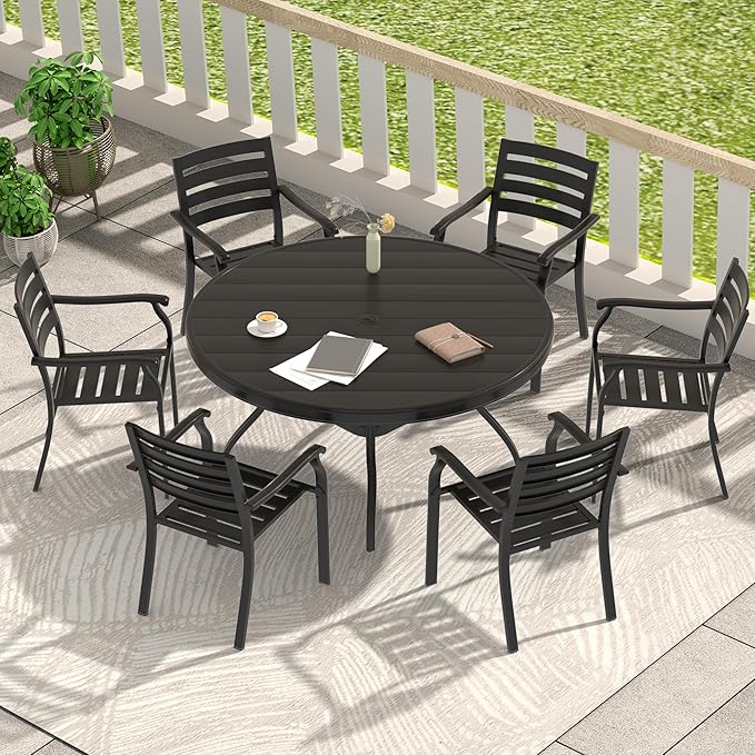 LUMISOL 7-Piece Outdoor Patio Dining Set, 4 Stackable Metal Dining Chairs and 40.6" Round Metal Dining Table, Outdoor Table and Chairs for Lawn Garden Backyard, Black