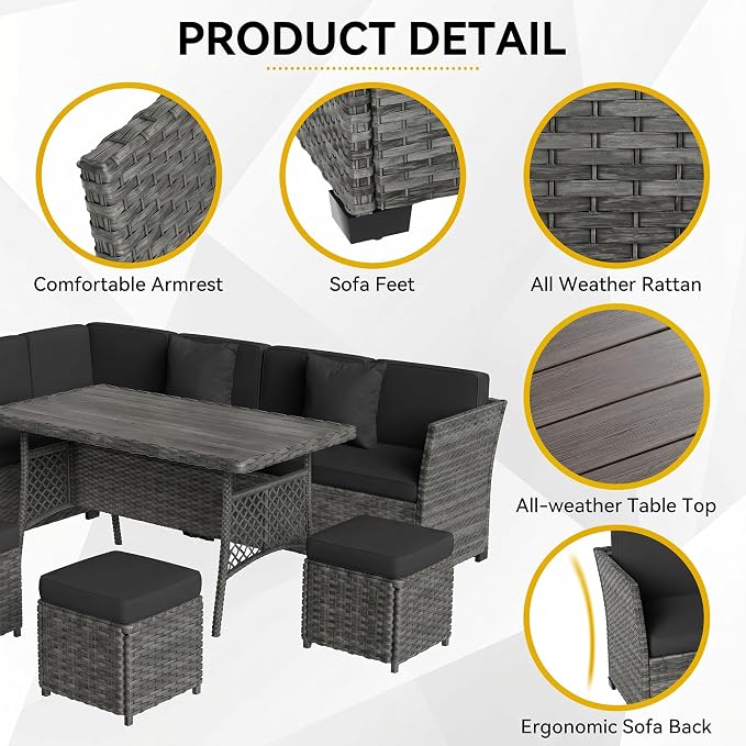 Patio Furniture Set, 7 Pieces Outdoor Dining Sets, All Weather Rattan Conversation Set, Outdoor Dining Sectional Sofa with Large Dining Table, Ottoman (Grey-Drak Grey, A-7 Pieces)