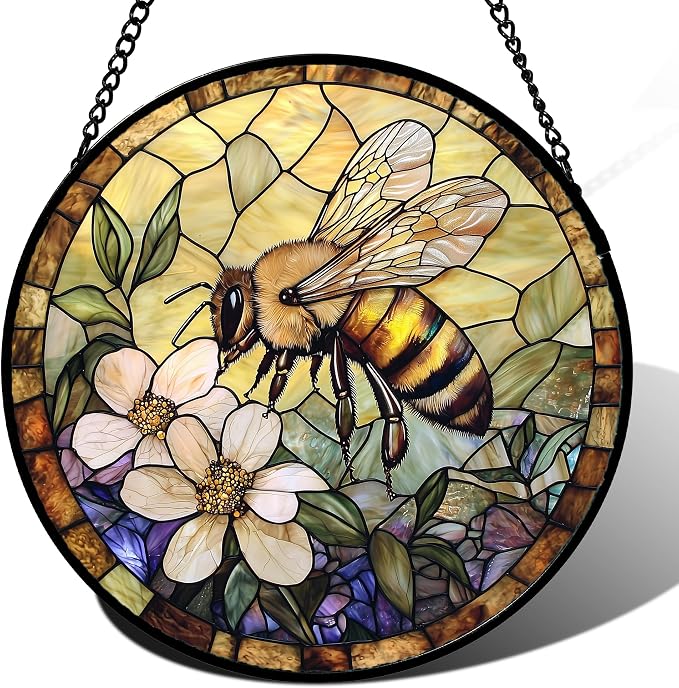 Stained Glass Window Hanging, Vintage Bee Yellow Flower Sun Catcher for Window Door Home Decor Suncatcher Christmas Mother's Day Birthday Gifts for Women Men Mom and Nana 9.8 in