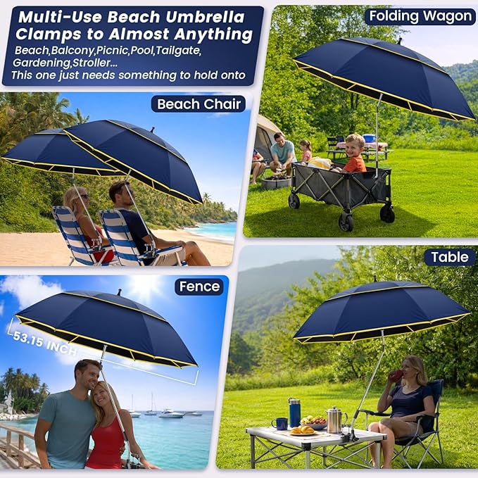 Chair Umbrella with Clamp,2PACK 53 inches Double Canopy Beach Chair Umbrella with Universal Clamp,50+ UV Protection,360° Swivel,Folding Clip on Sun Umbrellas for Table,Camping,Bench Chairs,Golf Cart
