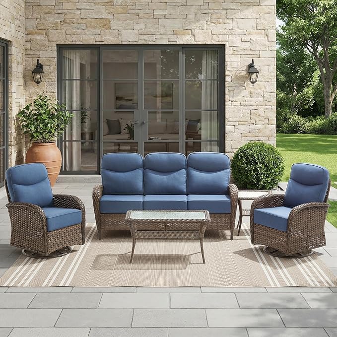 HUMMUH 5-Piece Patio Furniture Set with 6" Thick Cushion High Back Outdoor Swivel Rocker Chairs,3-Seater Sofa,Coffee Table & Ottomans,Wicker Outdoor Conversation Set for Deck, Porch,Poolside