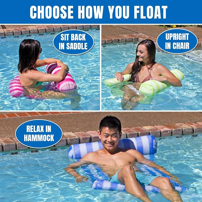 Poolmaster Water Hammock Inflatable Pool Floats for Adults, 4-in-1 Hammock, Saddle, Lounge or Drifter with Quick-Dry Mesh Fabric, 12-Gauge Vinyl Support, Blue
