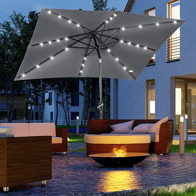 Outsunny 9' x 7' Solar Umbrella, LED Lighted Patio Umbrella for Table or Base with Tilt & Crank, Outdoor Umbrella for Garden, Deck, Backyard, Pool, Beach