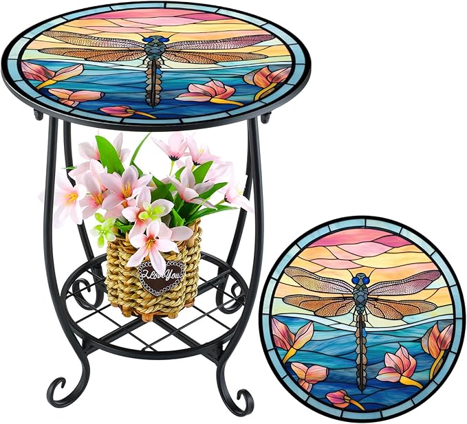 Cinnvoice Outdoor Side Table Round Small Mosaic Patio Accent Indoor End Plant Coffee Tea Table for Yard Patio Porch Garden Living Room, Bedroom(Dragonfly Style,14 Inch)