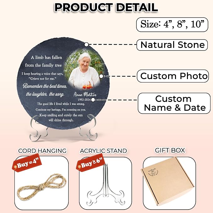 Personalized Memorial Stone Custom Sympathy Photo Loved One Grandma Papi Dad Mom Son Aunt Sister in Heaven Decorative Keepsake Remembrance Stone Gift for Memory Sites Garden Plaque Funeral Gift